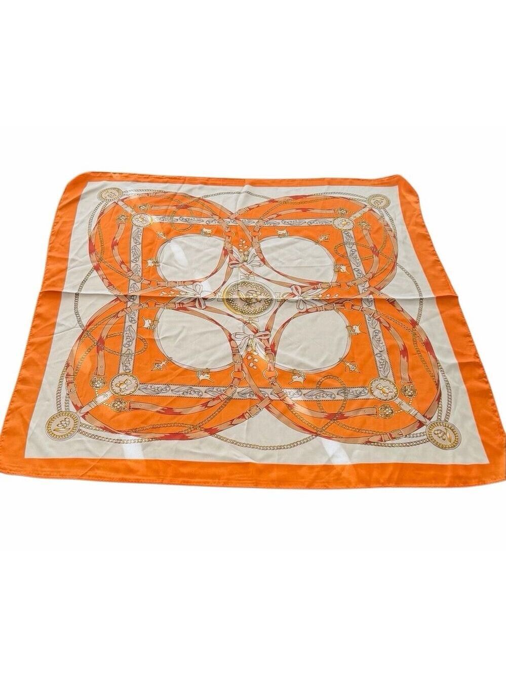Vintage Style Orange Equestrian Harness Square Scarf Silk Blend
